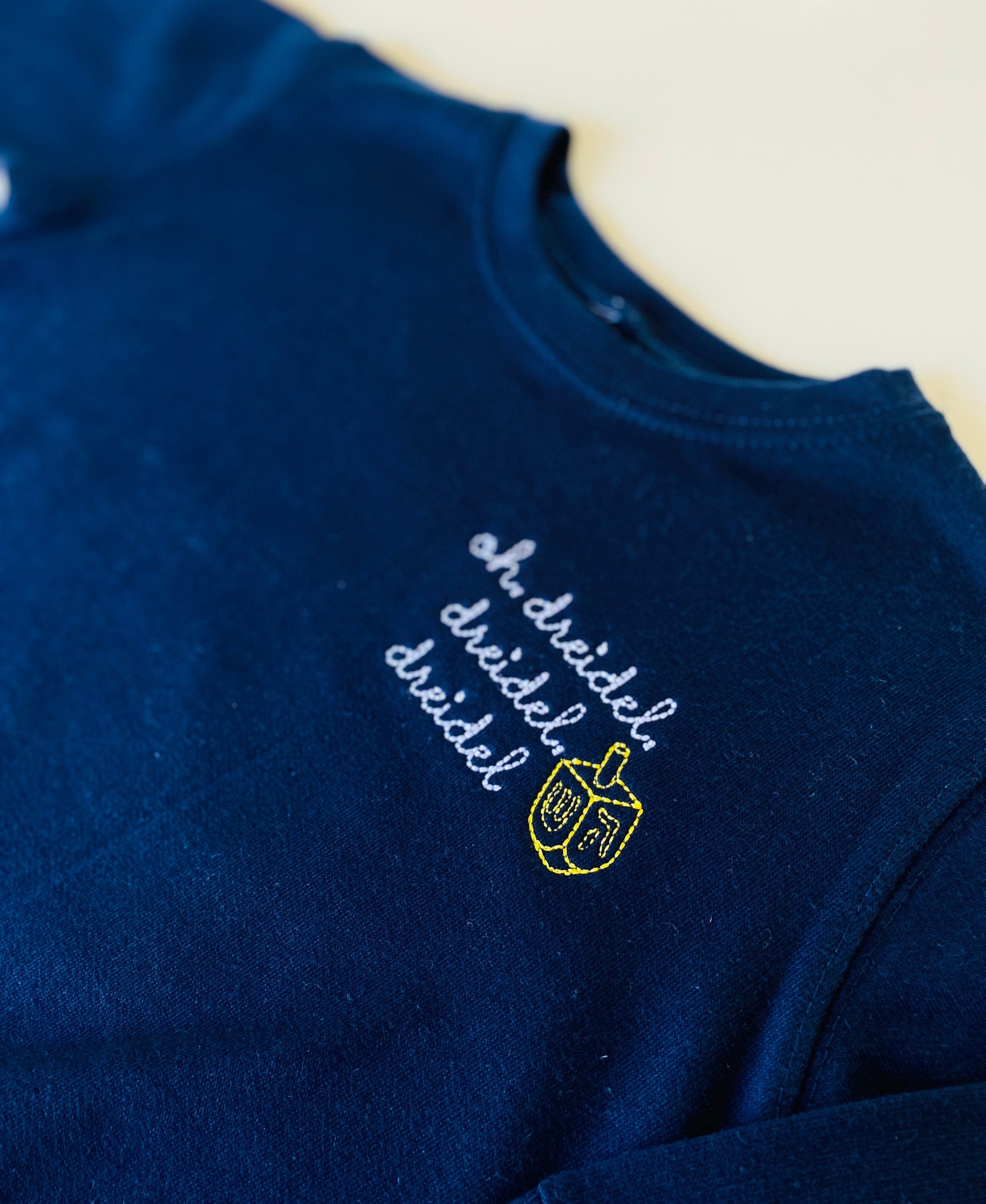 juju + stitch Personalized Custom Embroidered Baby & Toddler Navy / 2T "dreidel dreidel dreidel" Little Kid Classic Crewneck Fleece hanukkah sweatshirts